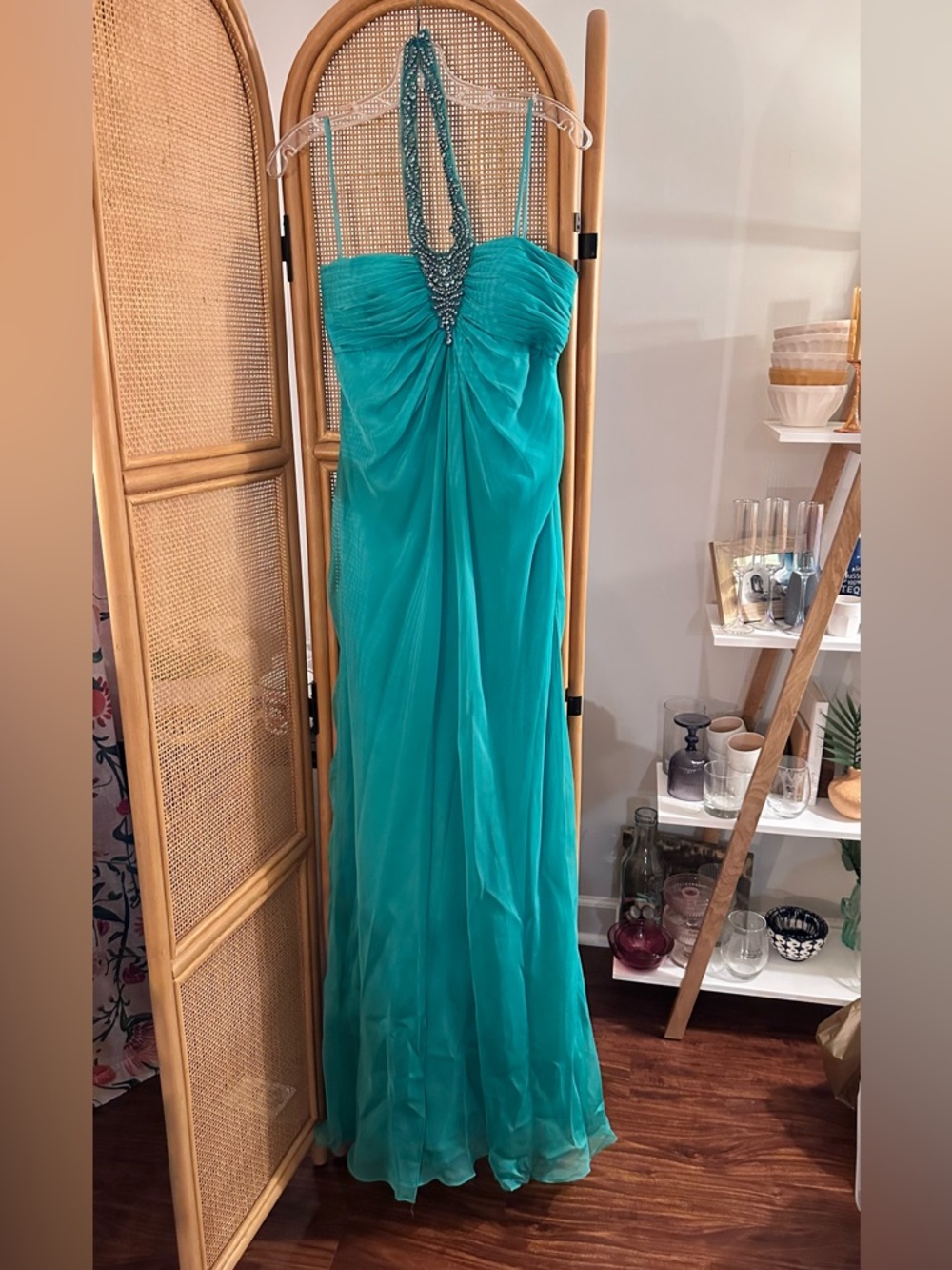 VTG Y2K Cache Teal Halter Beaded Prom Gown